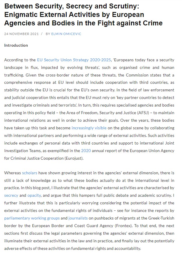 EuropeanLawBlog's tweet photo. @ElminOmicevic argues that #EUagencies' external activities are characterised by #secrecy and #opacity, which in light of the impact of #externalactivities on #fundamentalrights of individuals should be a cause for concern.
Read more at: https://t.co/fNxyqzI2K5 https://t.co/UQwPjdQQRX