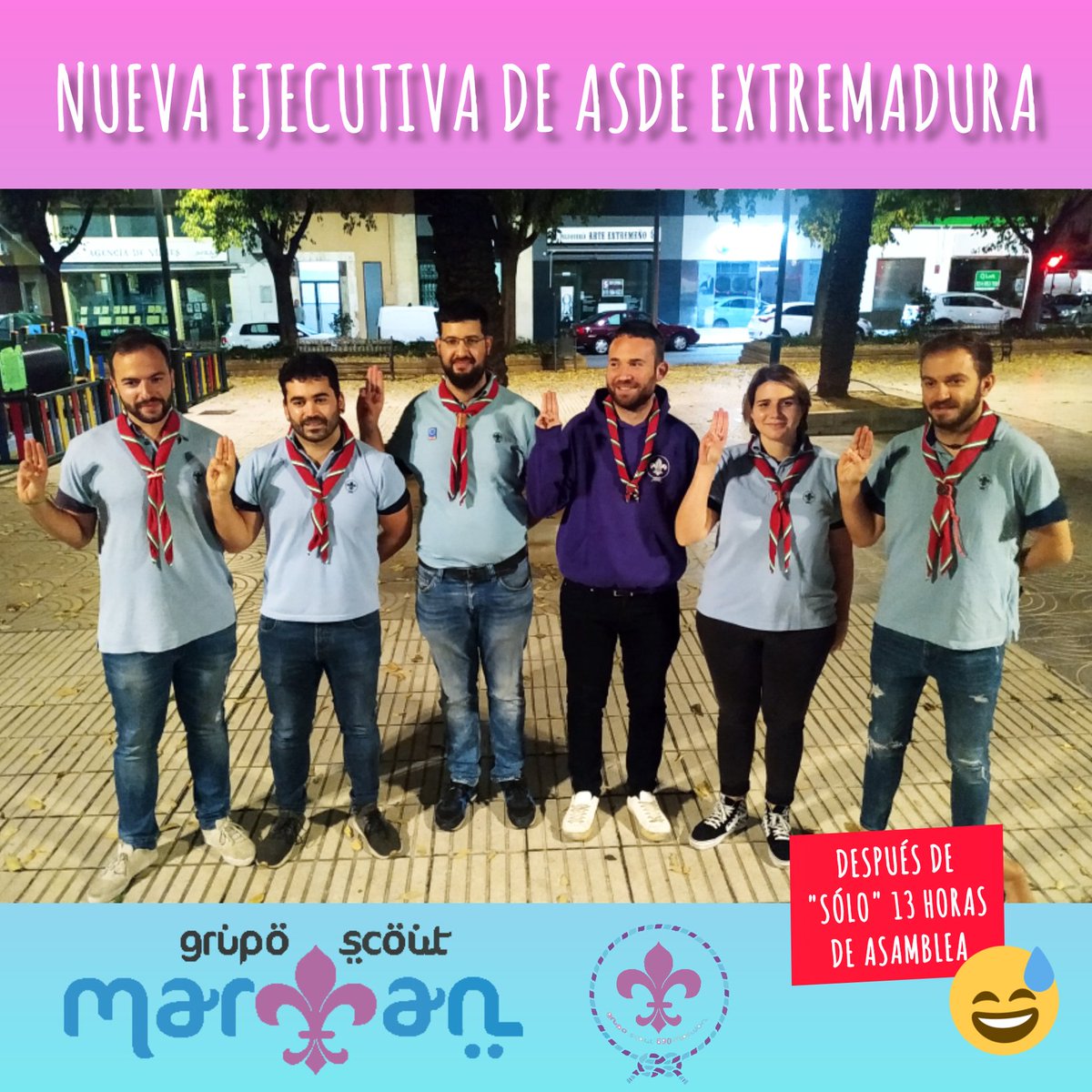 En <a href="/ASDEEx/">Scouts Extremadura</a> tenemos nueva ejecutiva. Desde el <a href="/GScoutMarwan/">GS Marwan 690</a> agradecemos enormemente la magnífica labor del equipo saliente y su impecable gestión y damos la enhorabuena al nuevo equipo, del que sabemos que dará lo mejor de sí mismo para los demás. 

SLPS!