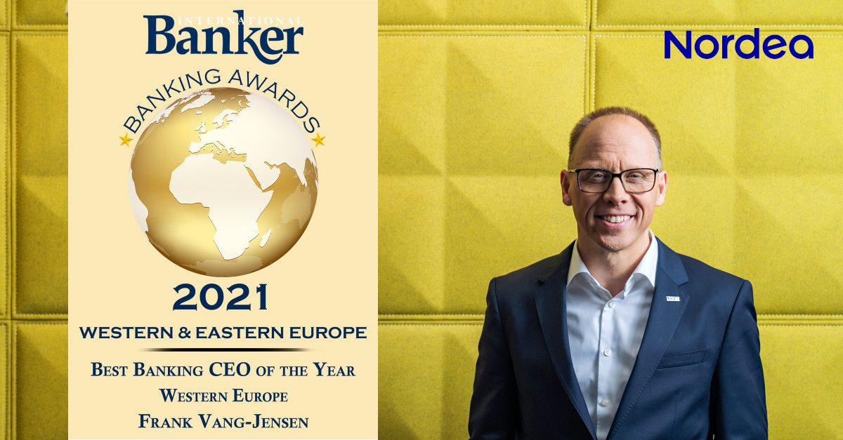 Nordea (@nordea) on Twitter photo . <a href="/FrankVangJensen/">Frank Vang-Jensen</a> is Best Banking CEO of the Year in Western Europe according to International Banker. On behalf of everyone at Nordea - congratulations! bit.ly/3oWMFtR
Read International Banker's Interview with the winner: bit.ly/3xh1qLI
#finance <a href="/IntBanker/">International Banker</a> . <a href="/FrankVangJensen/">Frank Vang-Jensen</a> is Best Banking CEO of the Year in Western Europe according to International Banker. On behalf of everyone at Nordea - congratulations! bit.ly/3oWMFtR
Read International Banker's Interview with the winner: bit.ly/3xh1qLI
#finance <a href="/IntBanker/">International Banker</a>