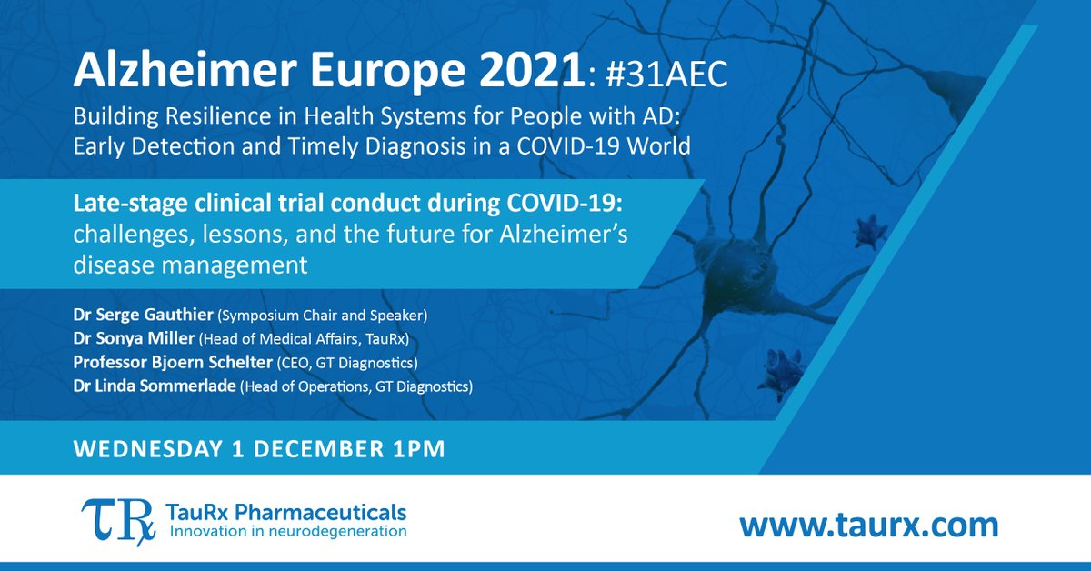 TauRx's tweet photo. Next week at @AlzheimerEurope #31AEC, we’re discussing conducting late-stage clinical trials during COVID-19, outlining the challenges and lessons and touching on the future for #Alzheimers disease management https://t.co/YWz3yO9VLt
#targetingtau #thetimefortauisnow #dementia https://t.co/mYD6uKFr5P