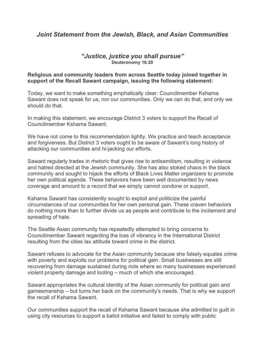 RecallSawantNow's tweet photo. STATEMENT: Over 70 Religious and Community Leaders Rebuke Sawant's Actions - Call for "Yes" Vote on December 7th Recall. Statement Attached https://t.co/ljSHCFPp4E #recallsawant #recallsawantnow #seattlecouncil https://t.co/cpAkhjBXMa