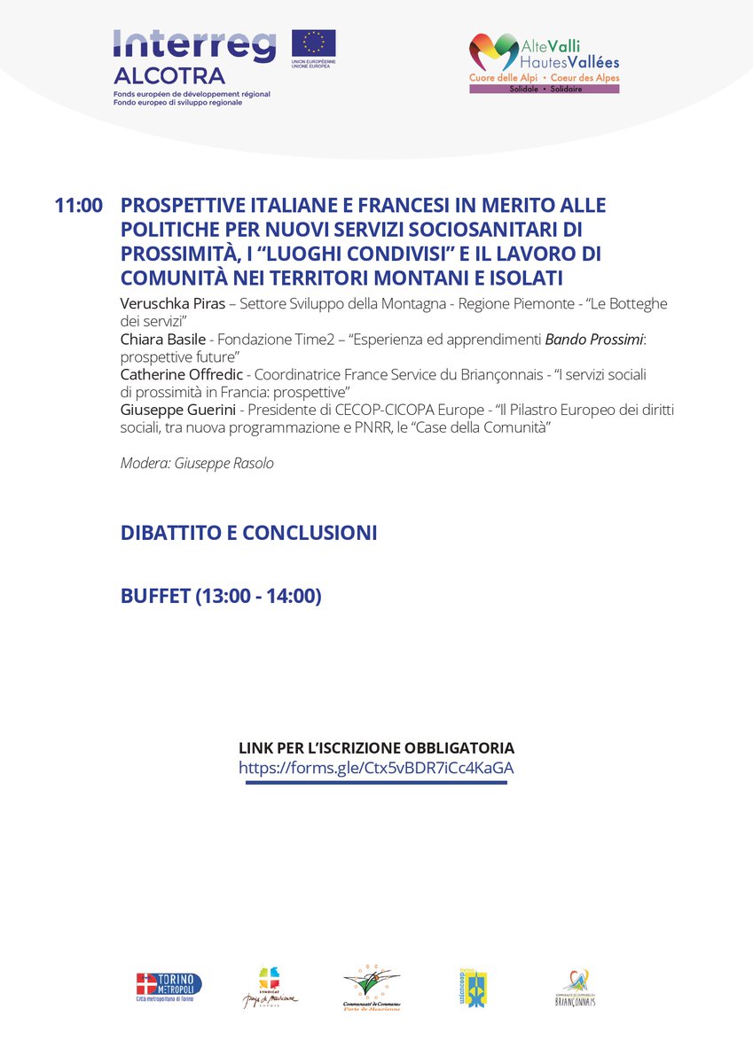 cuoredellealpi's tweet photo. #cuoresolidale vi aspetta giovedì 25 novembre, dalle 9.30 alle 13.00, presso il Teatro del Forte nel Comune di Torre Pellice.
“𝐋𝐮𝐨𝐠𝐡𝐢 𝐜𝐨𝐧𝐝𝐢𝐯𝐢𝐬𝐢” è il tema del seminario fruibile sia in presenza sia online.
La prenotazione è obbligatoria.
@InterregALCOTRA https://t.co/pFO0s0UvGM