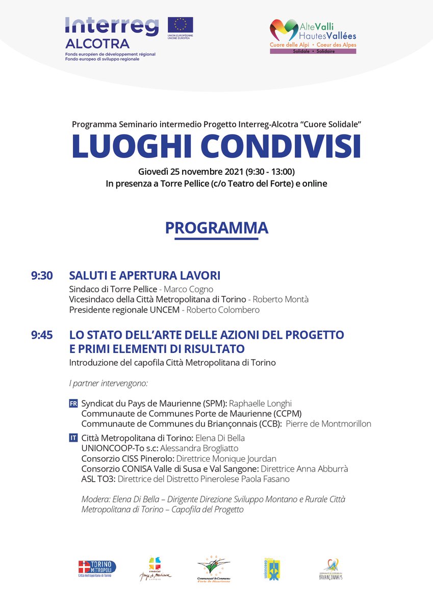 cuoredellealpi's tweet photo. #cuoresolidale vi aspetta giovedì 25 novembre, dalle 9.30 alle 13.00, presso il Teatro del Forte nel Comune di Torre Pellice.
“𝐋𝐮𝐨𝐠𝐡𝐢 𝐜𝐨𝐧𝐝𝐢𝐯𝐢𝐬𝐢” è il tema del seminario fruibile sia in presenza sia online.
La prenotazione è obbligatoria.
@InterregALCOTRA https://t.co/pFO0s0UvGM