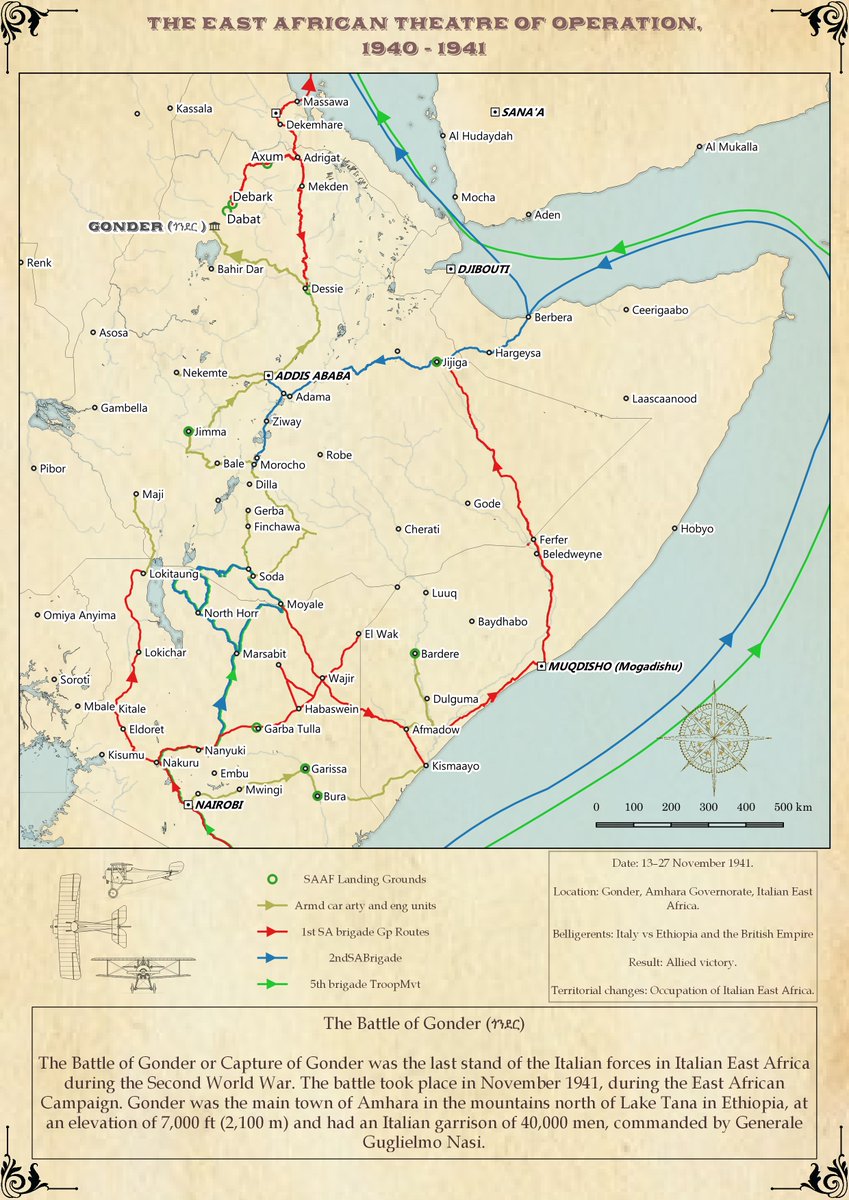 MapInfographics's tweet photo. November 13-27, 1941:

The Battle of Gonder (ጎንደር) was the last stand of the Italian forces in Italian East Africa during the Second World War. The battle took place in November 1941, during the East African Campaign.

#30DayMapChallenge. Day 24 - Historical Map. https://t.co/elO6uOShND