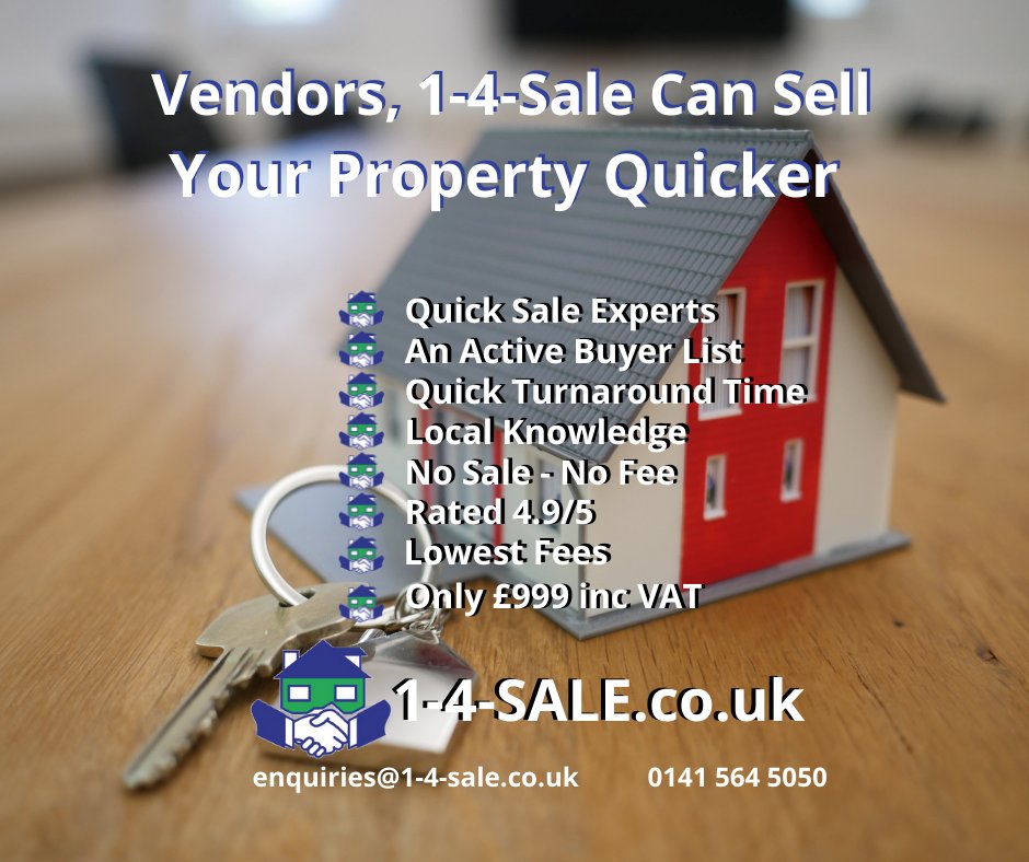 #Vendors, 1-4-Sale Can Sell Your #Property Quicker With Our Active Buyers List, Quick Turnaround Time, Loc\al Knowledge, Rated 4.9/5, No Sale-No Fee &amp; Only Costs £999  inc VAT. Get In Touch Today To Sell your Property.
#EstateAgents #Property #PropertyForSale #VendorsWanted