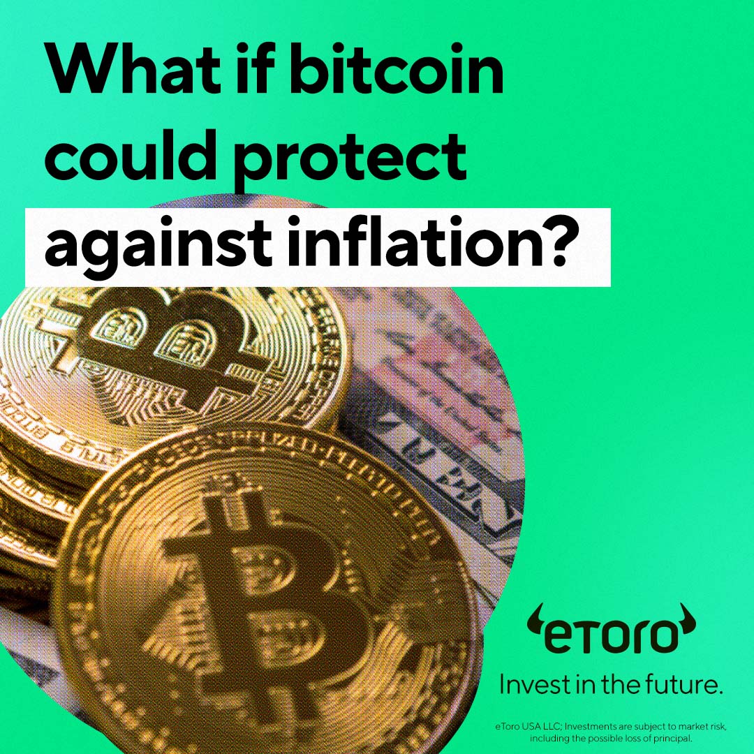 eToroUS's tweet photo. A finite number of BTC could mean protection against future inflation. Want to learn more? Explore all the ways crypto is bringing us one step closer to the future. Plus, get $10 when you invest $100 on eToro.