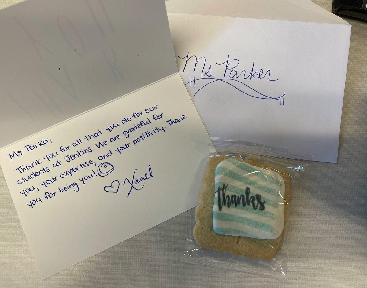 krishaparker1's tweet photo. It’s the little things that mean the most.  Thank you to the thoughtful admin at @JohnJenkinsEle1 for the sweet card and cookie!  It is a pleasure to work with you and the staff and students at JJES. https://t.co/ts6qoCnJv9