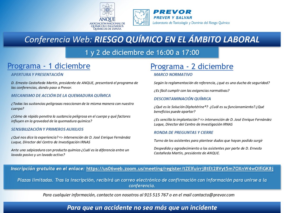 Equiplast's tweet photo. ☣️ Los días 1 y 2 de diciembre la asociación @anque_quimicos y el Laboratorio de Toxicología y Dominio del Riesgo Químico #Prevor organizan la formación gratuita "Riesgo químico en el ámbito laboral".

📋 Consulta el programa e inscríbete en el evento:
https://t.co/oGKQJK161R https://t.co/WjBj6yF9Ny