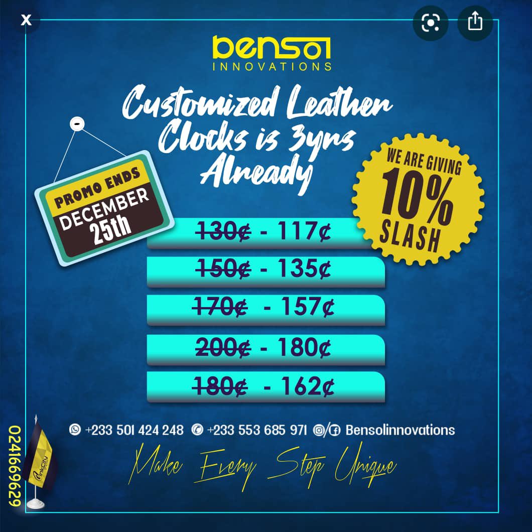 audadious's tweet photo. Grab yours whilst offer still lasts 🎉🎉🎉
We coming to you this #christmas with more exciting deals. 
Choose your choice promo🤩 from Bensol shoes and innovations. 
Grab your #customized leather clock before 25th of Bronya 🎄🎅 .   

☎️ 0501424248 and place your order 👌🏽⏰⏱🕰 https://t.co/9gUVPsfHRv