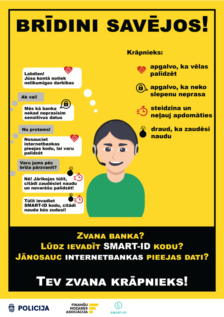 IeM_PMLP's tweet photo. ❗Mūsu kolēģi @Valsts_policija   aicina: brīdini savējos – vecākus, vecvecākus, draugus, paziņas un kaimiņus par aktīvajiem telefonkrāpniekiem! 
👉 Atgādini gados vecākiem cilvēkiem rūpīgi sargāt personas datus un banku kontu datus! 
 
#PMLP #Valstspolicija https://t.co/WXOGUb4DrD