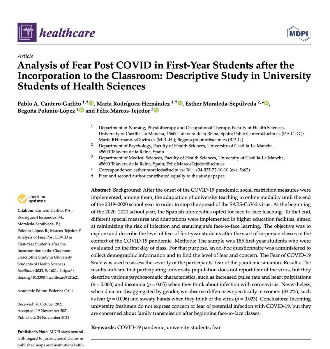 Varios de nuestros compañeros acaban de publicar en <a href="/Healthcare_MDPI/">Healthcare MDPI</a> el artículo: "Análisis del Miedo Post COVID en Estudiantes de Primer Año tras la Incorporación al Aula: Estudio descriptivo en estudiantes universitarios de Ciencias de la Salud"

mdpi.com/2227-9032/9/12…