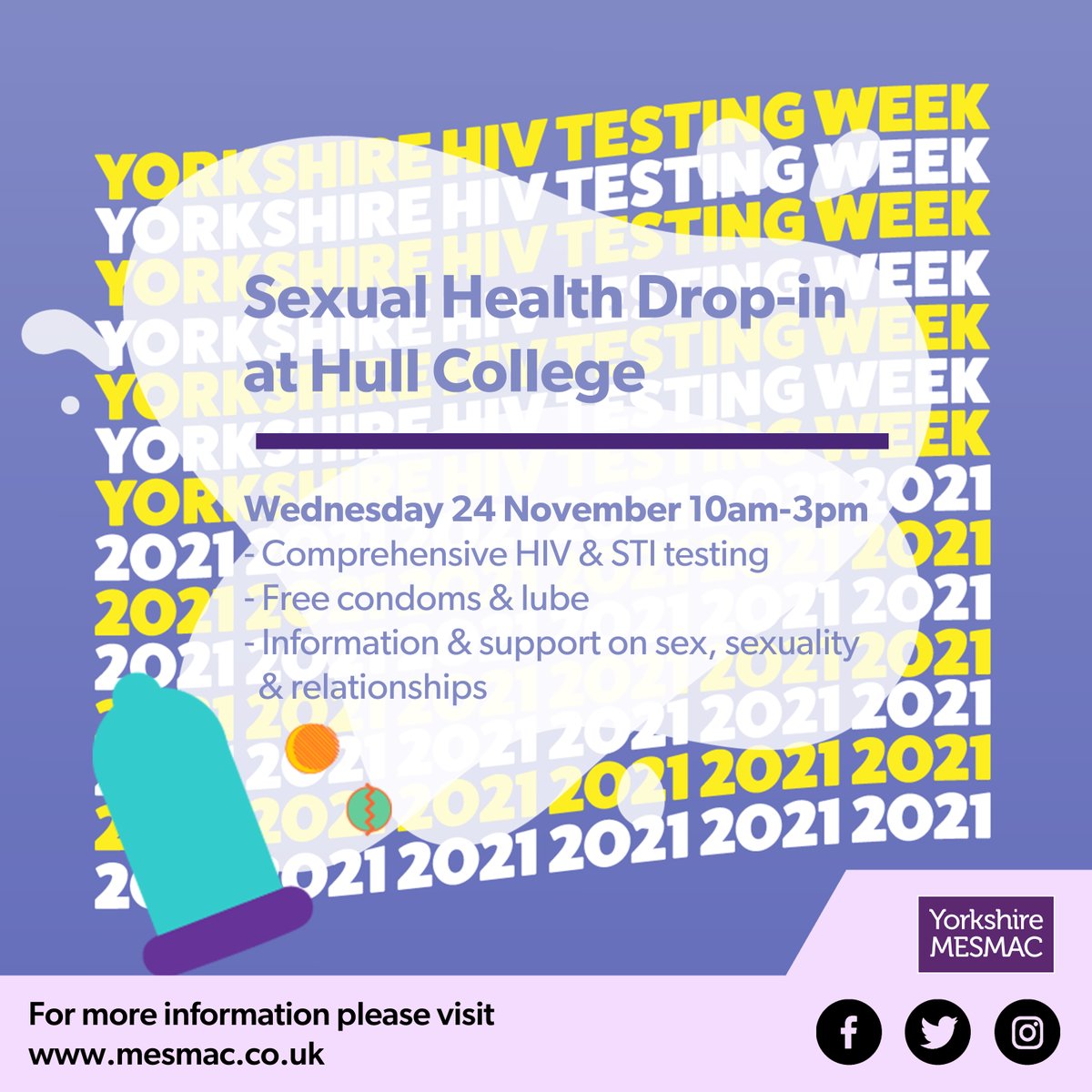 HullMesmac's tweet photo. It's Yorkshire HIV Testing Week!

We're at @hullcollegegrp today. Come on by for a test or a chat about HIV awareness and issues relating to sexual health

#GetTestedYorkshire #HIV #STI #Condom #Relationships #PrEP 
 #EndTheStigma #HIV #HIVAwareness #HIVPositive #KnowYourStatus https://t.co/jNxeoos1pF