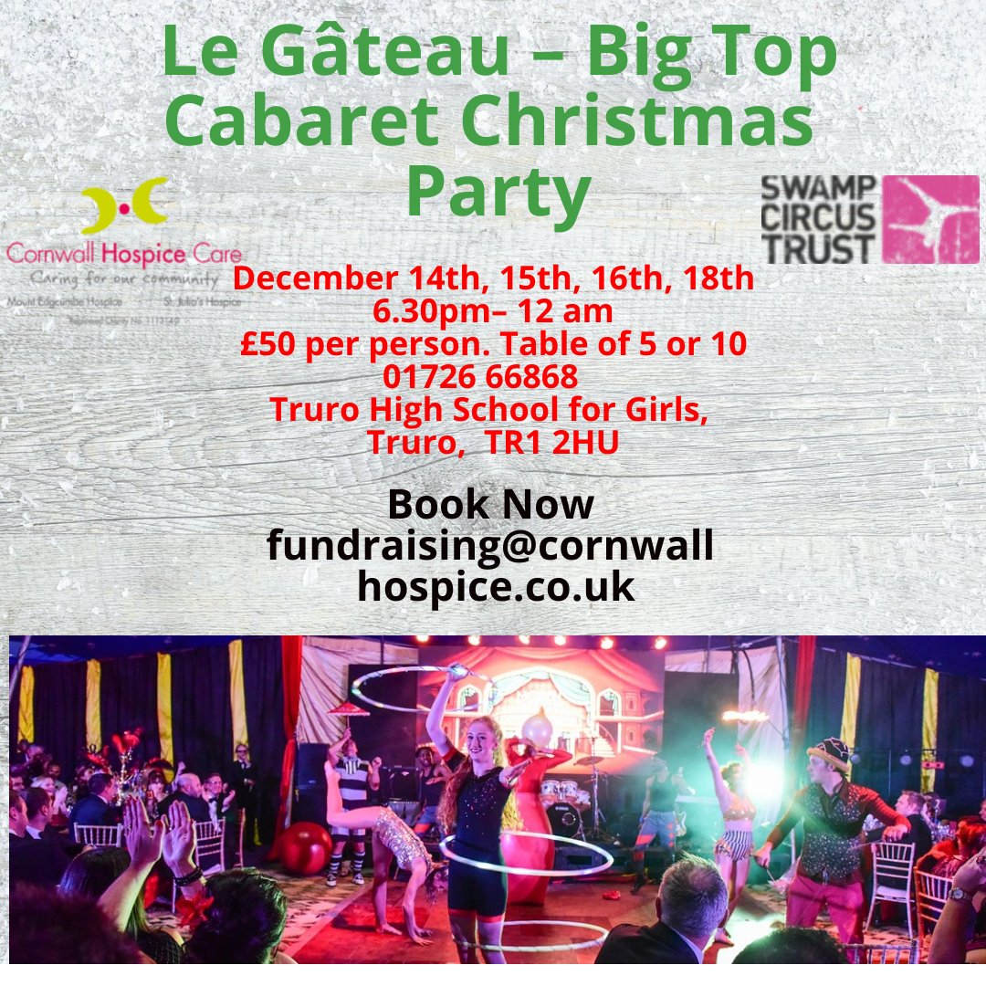Make your Christmas Party night something extraordinary!  Our Le Gateau Party Nights include a unique big top venue, a banquet served by performers, a Swamp Circus cabaret, live music from Motown Pirates, dancing and a chance to enter a raffle for some amazing prizes....