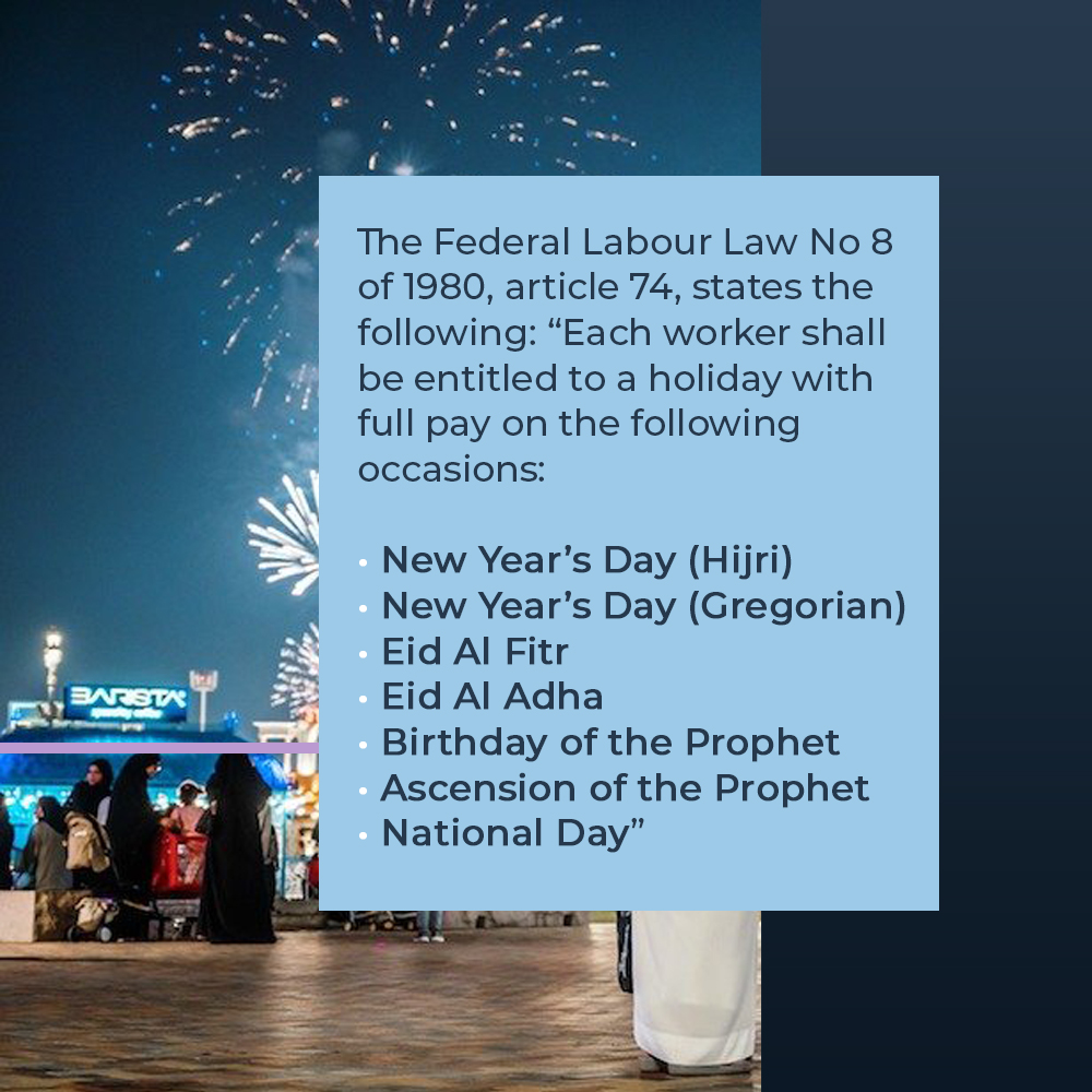V7GroupMENA's tweet photo. Every #employee &amp; #employer should know the UAE’s #LaborLaw so they can be aware of what they are entitled to. #Publicholidays listed below are, by law, paid holidays.

Avoid falling into simple #legal mistakes, get in touch with us for any #legalconsultations.

#V7Legal #V7Group https://t.co/DKRORPX1PI