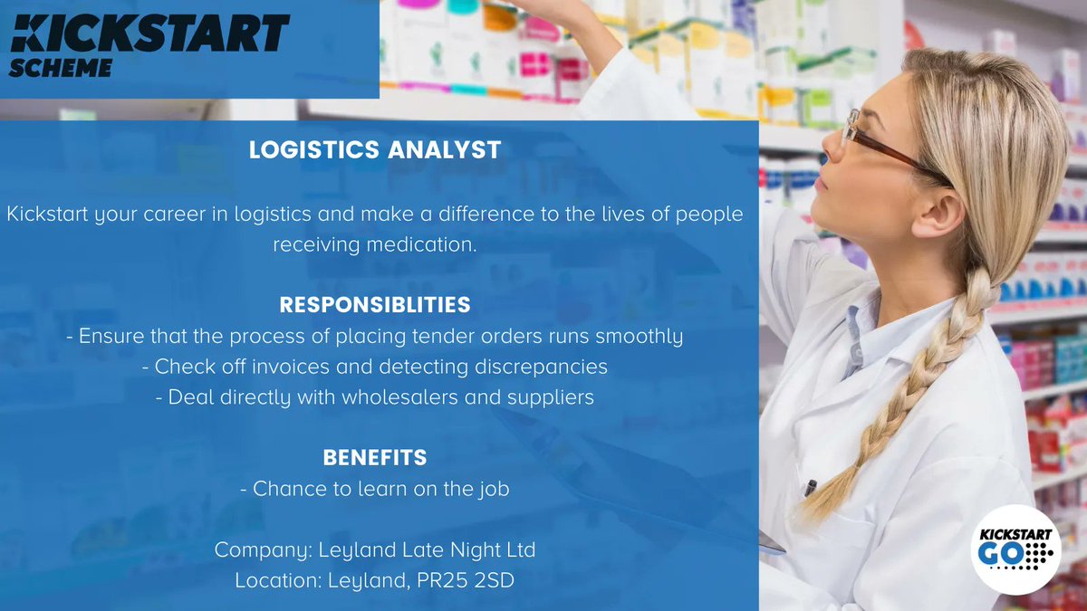 #Kickstart your career in logistics at #Leyland Late Night Ltd as a Logistics Analyst 📈 

Full job description ➡️  buff.ly/3lHkYFk

Talk to your Work Coach to apply. Exclusively for 16 - 24 year olds on #UniversalCredit 

<a href="/JCPinLancashire/">JCP in Lancashire</a> #LancashireJobs