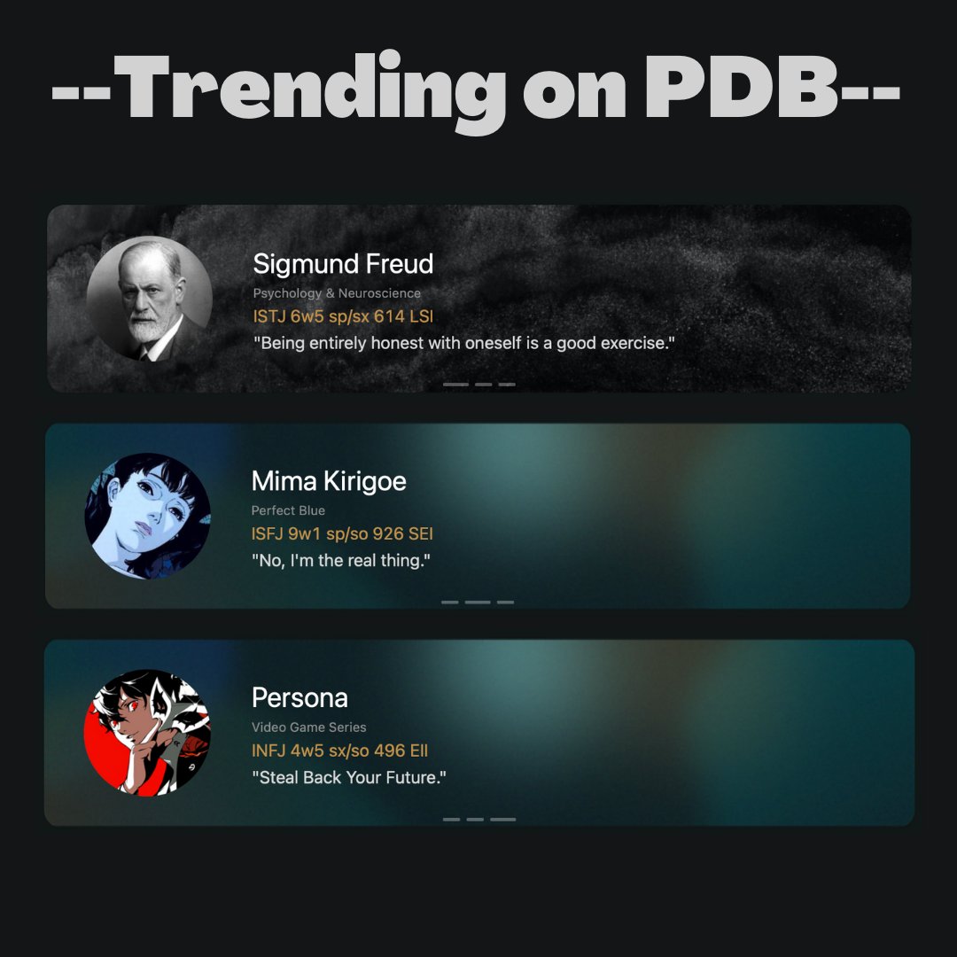 pdb_app's tweet photo. Trending on PDB today
https://t.co/LtFFabibQY
#personalitydatabase #PDB #MBTI #16Personalities #PerfectBlue #Persona5 https://t.co/Yr38hBplos