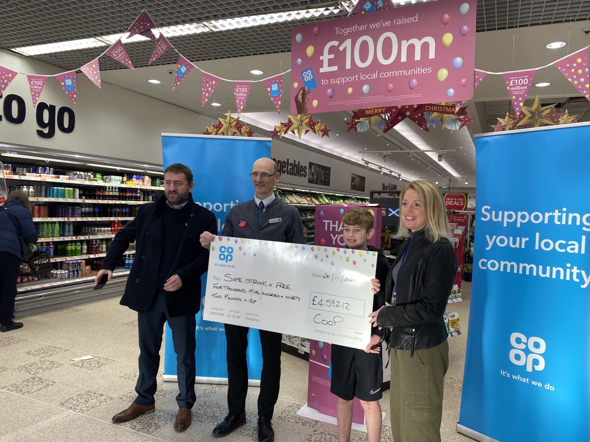 PaulMcPCoop's tweet photo. Great day #Telford Street #Inverness ⁦@coopuk⁩ Fantastic amount raised for one of our local causes @SafeStrongandFree thanks to ⁦@KathKernaghan⁩ for dropping in on Saturday to collect the cheque #ItsWhatWeDo ⁦@__Stephenk__⁩ ⁦@PaulThomson3231⁩ https://t.co/vmtiv7u9Zu