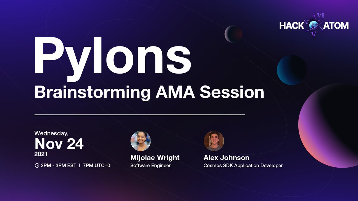 pylonstech's tweet image. 📢Come join us on our #PylonsTech Brainstorming AMA session with:
Software Engineer, Mijolae Wright🤩
Tendermint Engineer, Alex Johnson😎 
Today!
2pm EST! 

🔗Link:  tinyurl.com/2yjb98uh

#NFTGame  #PylonsSDK #Cosmos #AMA #blockchain #BlockchainGaming #GameFi #games #flutter