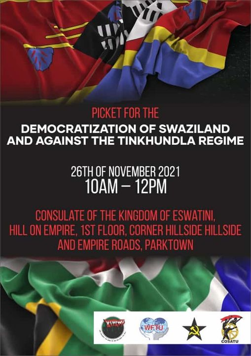 _cosatu's tweet photo. #COSATU scheduled to lead a picket demanding democratization of #Swaziland on the 26th November at the Consulate offices of @EswatiniGovern1 at Parktown, Gauteng @DIRCO_ZA @KhayaJames @nthakoana @LabourSD @ZikhonaTshona https://t.co/7xnw5E1zWx