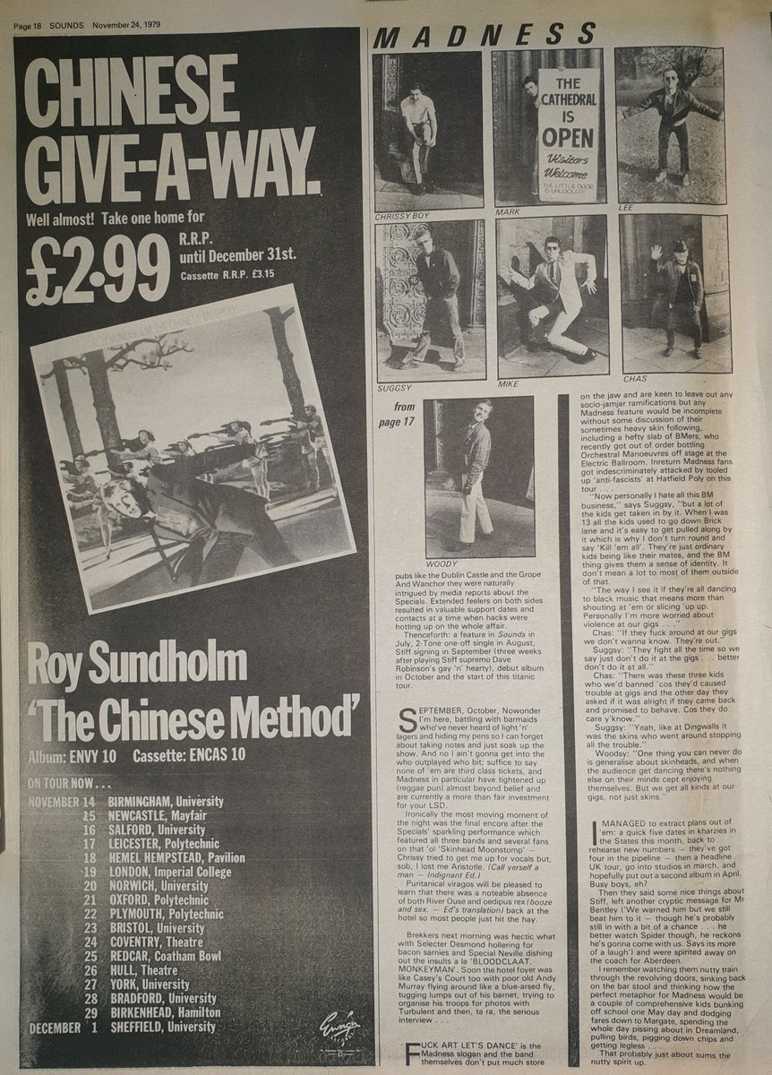 24th, November 1979 an article on Madness by Garry Bushell and Pics by Virginia Turbett. "I remember watching them nutty train through the revolving doors,"  <a href="/MadnessNews/">Madness</a> <a href="/GarryBushell/">Garry Bushell</a>