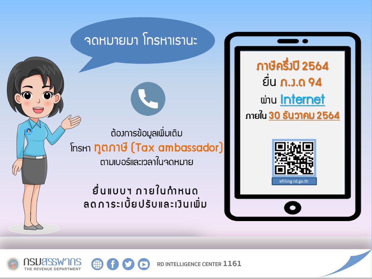 RevenueDept's tweet photo. 📌ยื่นภาษีครึ่งปี (ภ.ง.ด.94) ผ่าน Internetภายใน 30 ธันวาคม 2564
 
#ฑูตภาษี #Tax_ambassador #ภาษีครึ่งปี #ภ_ง_ด_94 #e_Filing https://t.co/SNm8BE5ehN
