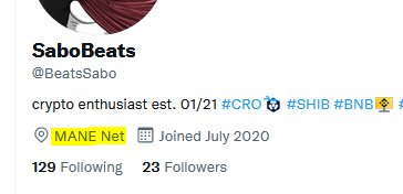 BeatsSabo's tweet photo. My #LoadedLions lets do something crazy lets switch our twitter location to the Mane Net because we are now part of this ELITE! 😹😹😹😹😹🥳✌️

#CRO #NFTCommunity #nftcollectors #manenet https://t.co/nk03njKzwn