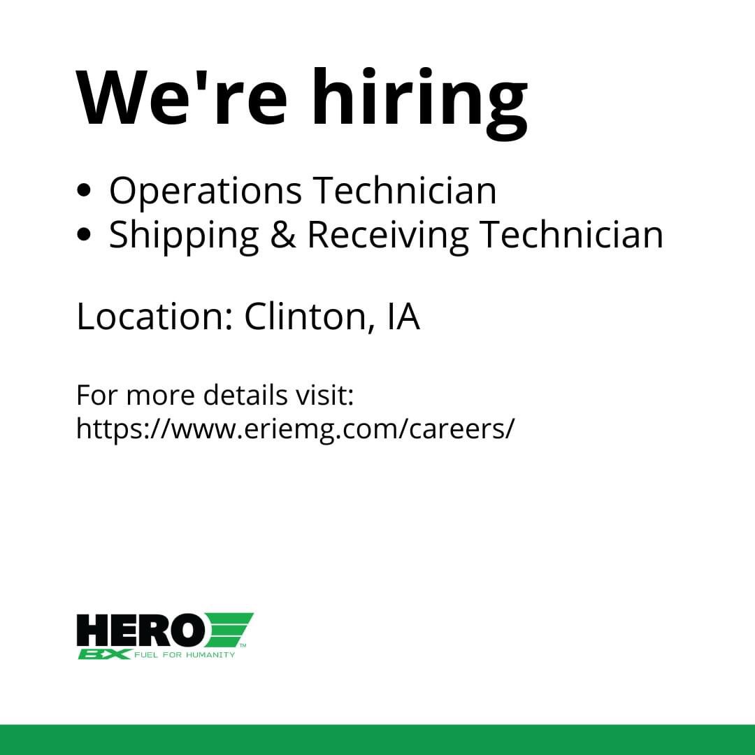 WE'RE HIRING! HERO BX is a leading Eco-friendly company, one of the largest producers of biodiesel in the Northeastern United States. eriemg.com/careers/

We are currently hiring for our Clinton, IA plant: 

• Operations Technician
• Shipping &amp; Receiving Technician