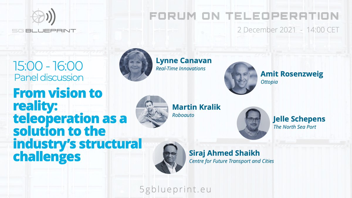 5G_Blueprint's tweet photo. Join us on Dec. 2 to follow an expert discussion about the potential of #teleoperation to solve the industry's structural challenges. Registration is free: https://t.co/AyN4vyWKF8
#5GBPevent @Ottopia_Tech @roboauto @northseaport  @covcampus https://t.co/nQ4ONT67J9