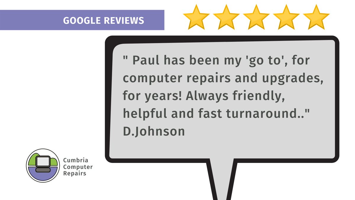 CumbriaPCRepair's tweet photo. Another positive 5-star review from a valued customer ๏ฟฝ๏ฟฝ๏ฟฝ #googlereviews #5starrating #cumbriacomputerrepairs https://t.co/iXdNre2GEc