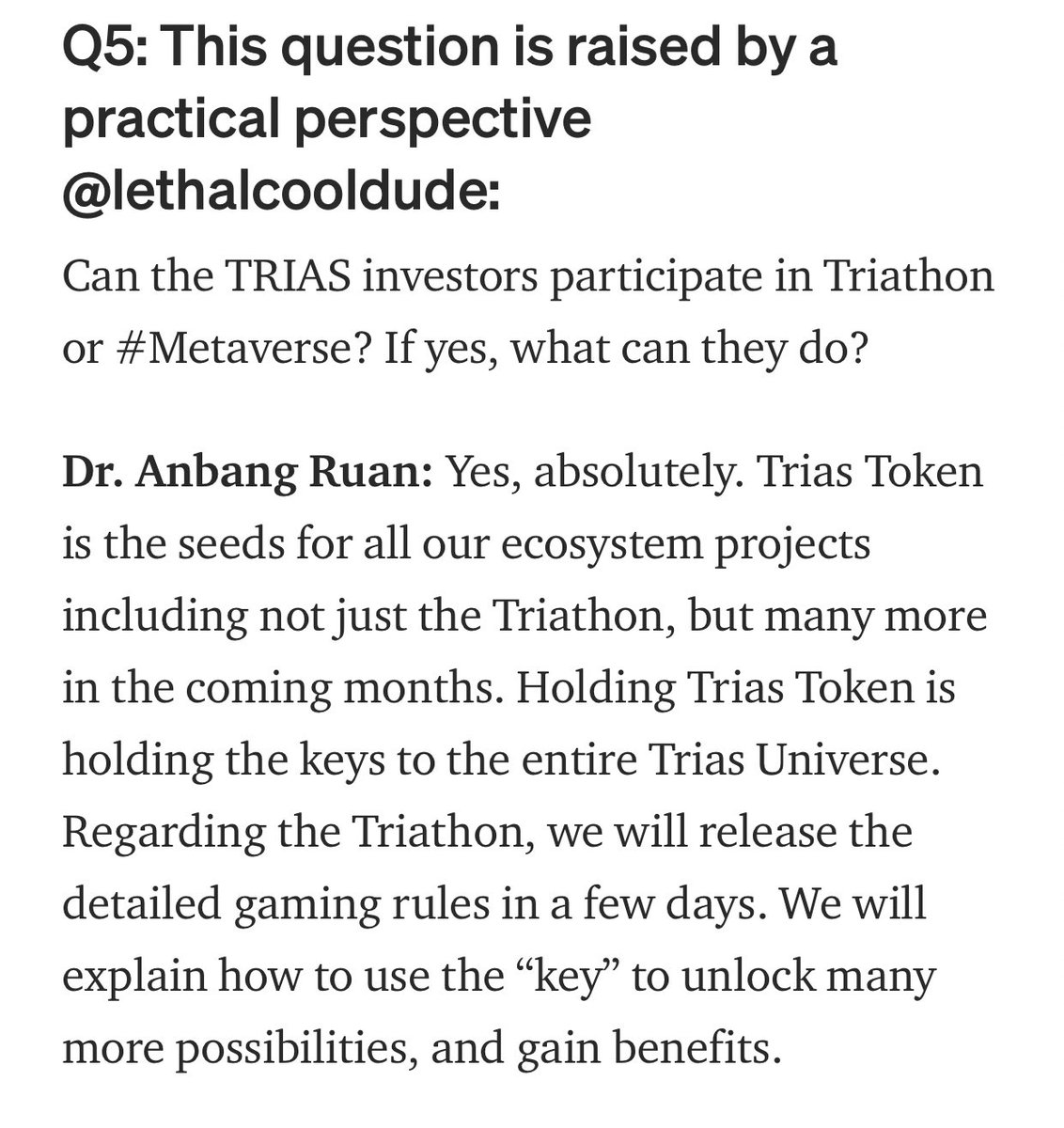 CryptoDipSurfer's tweet photo. That’s a promising answer from the CEO of $Trias .. If the team hold to their hard work and promises. Will I truly believe in that $Trias is going to be worth between 900-1000+ USD in the future. Retweet and mark my word for it. What do you think? https://t.co/0Qlen3Qjr5
