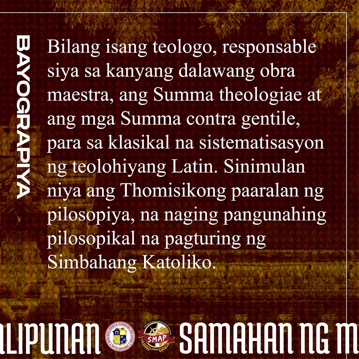 smapstarsci's tweet photo. Magandang hapon, mga ka-SMAP! Ang K-AP-anayam natin ngayong buwan ng Nobyembre ay paniguradong napagaralan niyo na sa subhetong ESP; walang iba kundi si Santo Tomas de Aquino. 

sanggunian:  https://t.co/XAHX3jS1ph 

#SMAP
#KAPANAYAM
#DoctorAngelicus https://t.co/ipoU6zNixc