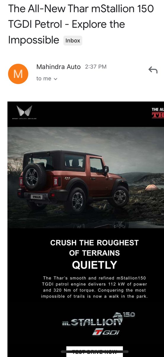 diwanzee's tweet photo. Got a mail from @Mahindra_Thar pitching d powerful #mstallion petrol engine. would buy it but cant coz the MT has very less footwell space 4 a 6fter & d AT returns and abysmal 6-7kmpl FE. @anandmahindra cant your engineers tune it better? My 220i 190hp bimmer returns 11-15 kmpl! https://t.co/Wsn4pMW56O