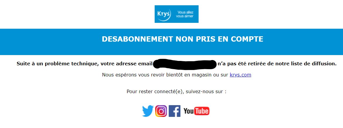 MassonYannis's tweet photo. @opticiens_krys quand on clique sur un lien pour ne plus recevoir de mail et que l'on a ce message, vous êtes sur que l'on va avoir envie de venir en magasin ? #RGPD https://t.co/iFEFDhFFxt