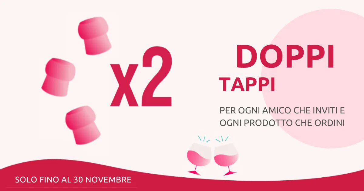 Pronti, partenza...VIA! 
Settimana di Doppi Tappi!

Invitando amici o ordinando da bere, tappi doppi da usare per: 
🍹 bere gratis
🎁 vincere premi 
🍇 prenotare corsi di degustazione e gite in cantina

#Blackweek