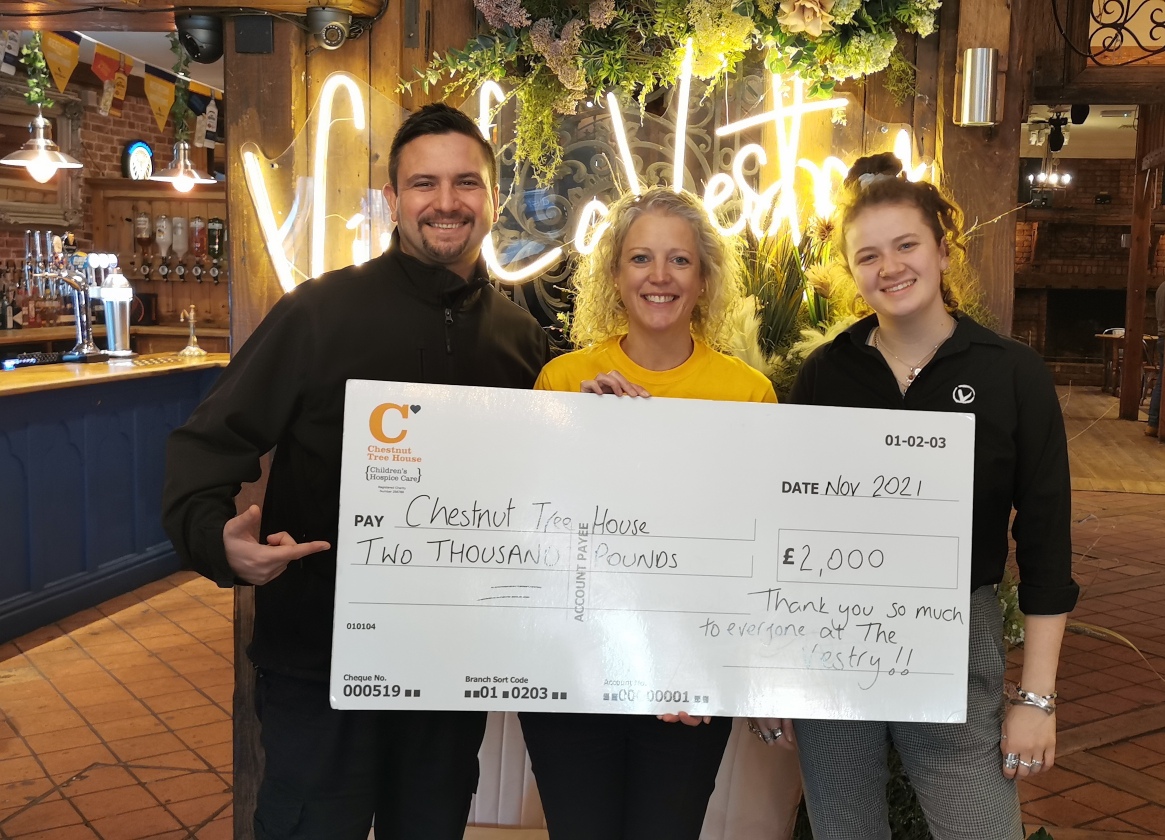 Thank you so much to Graham, Clare and the whole team at  <a href="/vestrychi/">The Vestry</a> in Chichester who held an incredible fundraising music event last month. Thank you to everyone who came along on the day.  With your help, an incredible £2,000 was raised for <a href="/ChestnutSussex/">Chestnut Tree House</a> 😀