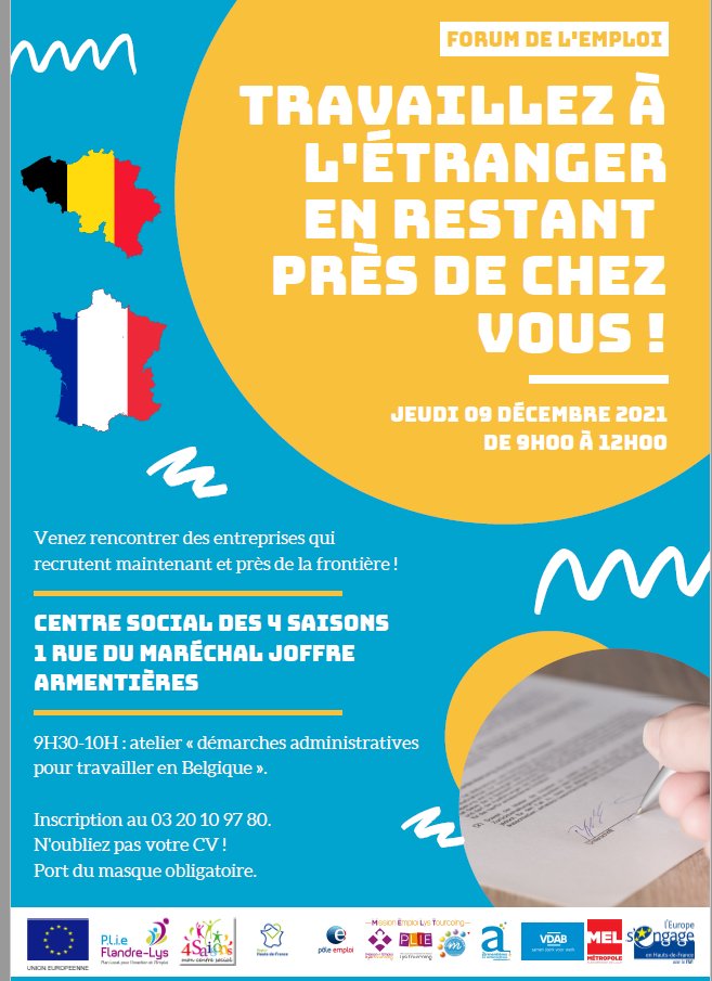 #poleemploi Armentières s'associe au Plie Flandre Lys et au VDAB pour proposer des emplois #transfrontaliers, revenez vers votre conseiller <a href="/vdab/">kristof vdab</a>.be <a href="/haesebroeck/">HaesebroeckThuiszorg</a> <a href="/MSavary_PE/">Murielle Savary</a>