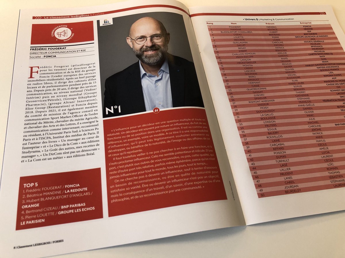 Pour @lesBigBossOff, <a href="/forbes_fr/">Forbes France</a> dévoile son Top 💯 des décideurs les plus influents de la #communication en France, en 2021.

On y retrouve de grands noms de la profession dont <a href="/BeaMandine/">Beatrice Mandine</a> <a href="/BlanquefortH/">Hubert Blanquefort</a> <a href="/BertrandCizeau/">Bertrand Cizeau</a> <a href="/caroguillaumin/">caroline guillaumin</a> <a href="/patricebegay/">Patrice Bégay</a> <a href="/EliseHermant/">Elise Hermant</a> <a href="/MayCarcabal/">Maylis Carçabal</a> ...