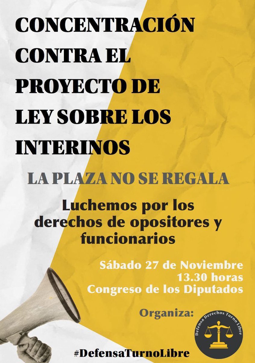 La plataforma @TurnoLibreDef organiza una concentración en protesta frente a las medidas anunciadas para la reducción de la temporalidad en el sector público.

Para todos aquellos que queráis asistir, será el sábado 27 de noviembre a las 13:30 horas 👇