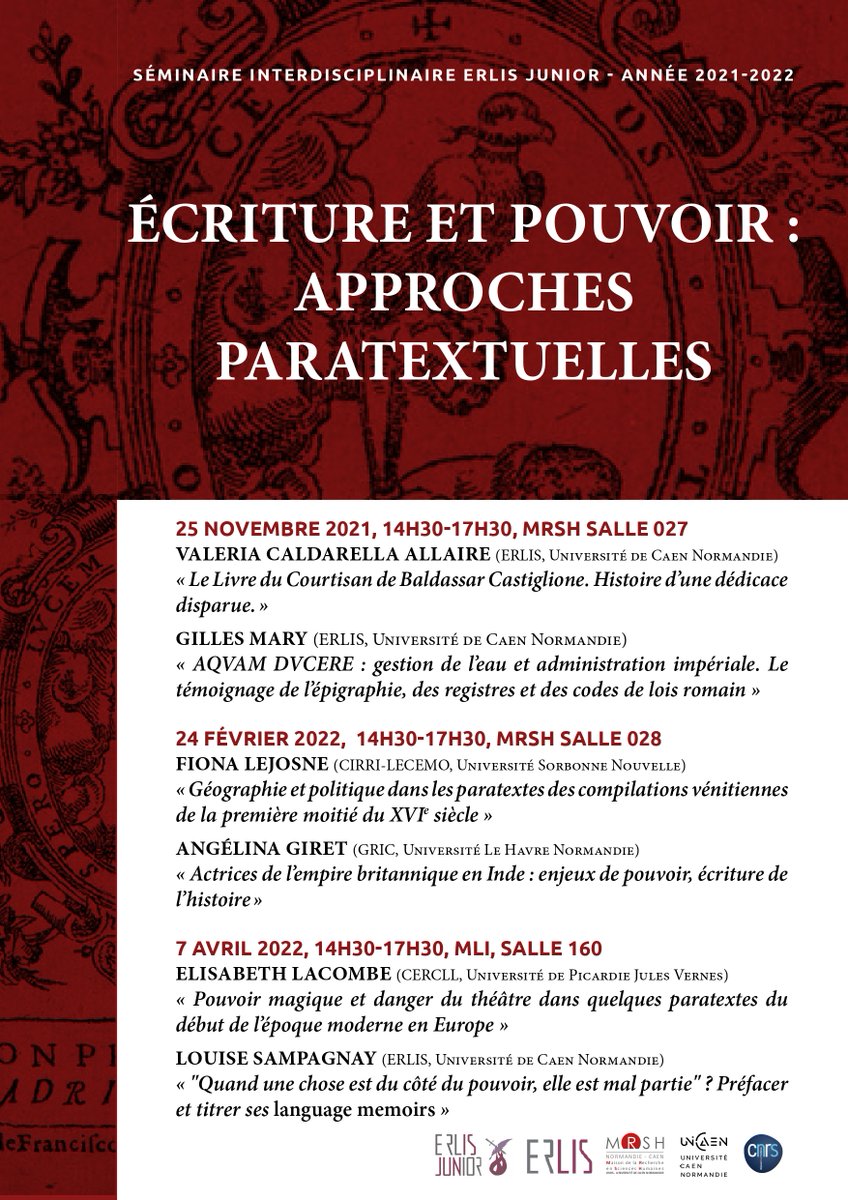 La 1ere séance du séminaire d'ERLIS junior aura lieu demain 25/11 ! Nous aurons le très grand plaisir d'écouter @valeria_allaire ainsi que Gilles Mary