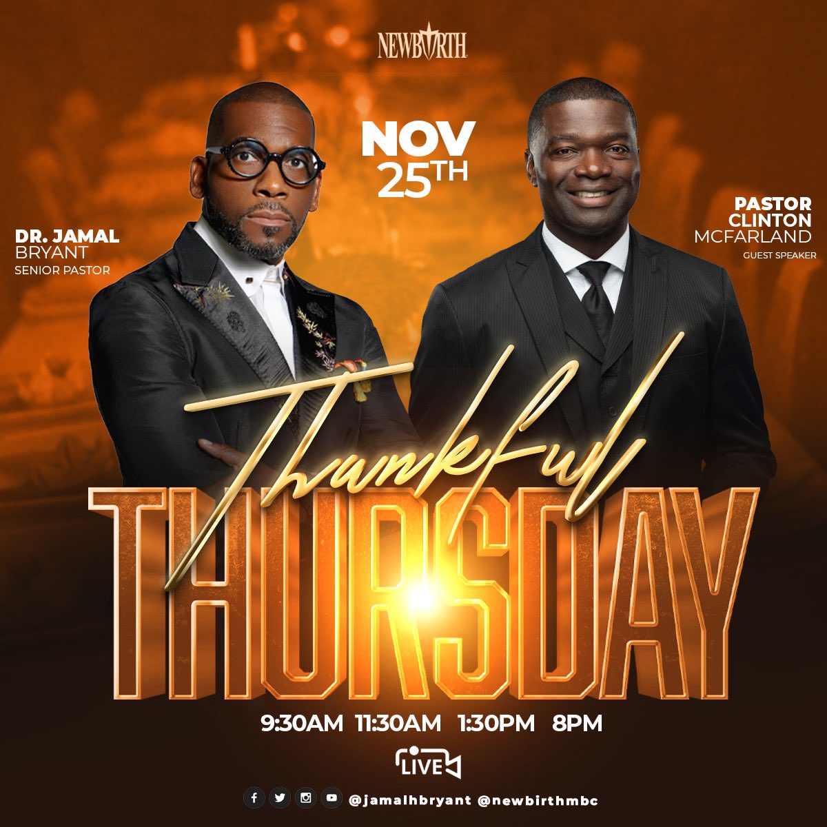 We’re excited about our Thankful Thursday Thanksgiving Service with Pastor Clinton McFarland (@Clintonmcfarlan ) of @gracebaptistatl. Be ready to digest a mighty word at 9:30AM, 11:30AM, 1:30PM & 8PM #thankful @jamalhbryant #clintonmcfarland #thanksgiving #mcivymedia