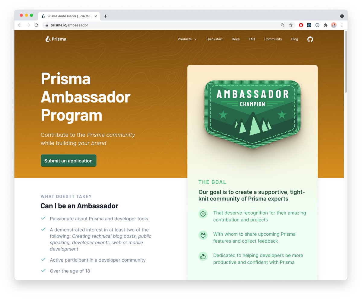 nikolasburk's tweet photo. 🤝 Really looking forward to running my first quarterly Prisma Ambassador Board Meeting tomorrow. Our Product team joins as well to give the Ambassadors an update about what we are working on.

👉 Want to join these meetings too? Become an Ambassador at: https://t.co/KMc6rpRLsP https://t.co/R9lRXTc7YF