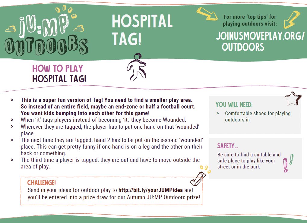 JoinUsMovePlay's tweet photo. NEW JU:MP challenge of the week! Can you play Hospital Tag? Remember Kids can submit their own outdoor play ideas at https://t.co/zX6RiD9U7V & have the chance to win a scooter through our prize draw! #BringBackOutdoorPlay because #OutdoorPlayMatters https://t.co/8UAmn3ToiD