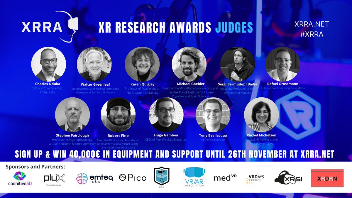 Meet the cross-disciplinary panel of judges, leaders in the fields of scientific research, biosignals, safety and business at #XR Research Awards. 
Sign up at xrra.net/sign-up/