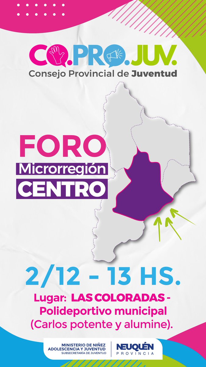 Seculturanqn's tweet photo. Si tenes entre 18 a 35 años y queres ser parte de la co-construcción de políticas públicas, esta invitación es para vos 🙌

👉Se viene las elecciones de consejerxs que representarán las distintas Microrregiones

Agenda las fechas👇

Animate, tu voz importa! Te esperamos 😉 https://t.co/5M6t6yDFmo