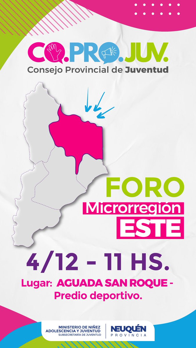 Seculturanqn's tweet photo. Si tenes entre 18 a 35 años y queres ser parte de la co-construcción de políticas públicas, esta invitación es para vos 🙌

👉Se viene las elecciones de consejerxs que representarán las distintas Microrregiones

Agenda las fechas👇

Animate, tu voz importa! Te esperamos 😉 https://t.co/5M6t6yDFmo