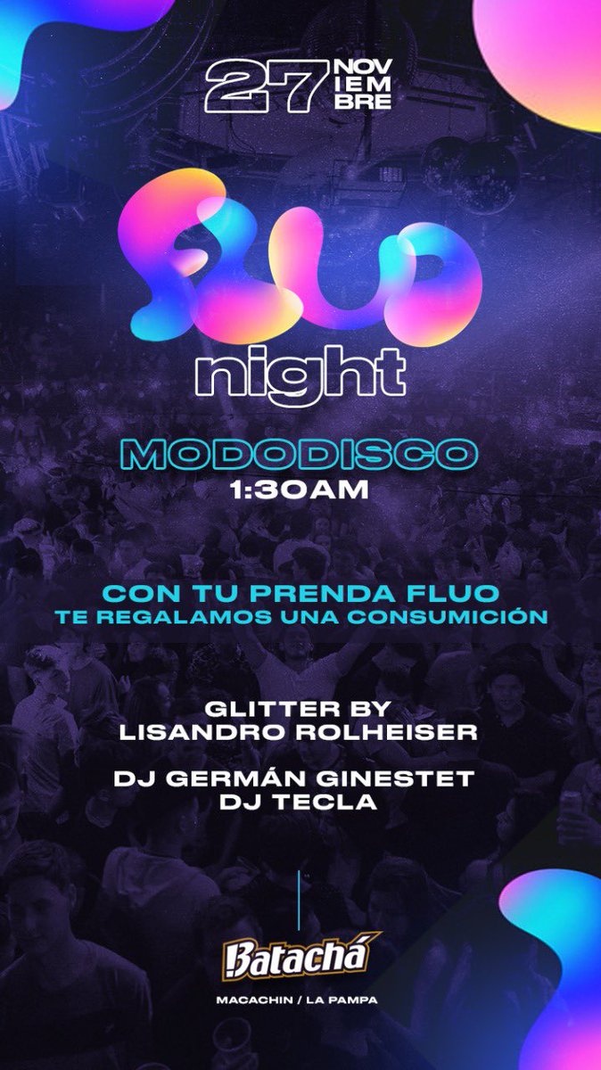 Batachadisco's tweet photo. ¿Ya pensaste tu look para este sábado?
#FluoNight
✨Glitter by Lisandro Rolheiser✨
🎧Dj Germán Ginestet / Dj Tecla 🎧
#Batachá #SomosLaDiversión https://t.co/HO2a8X9dtx