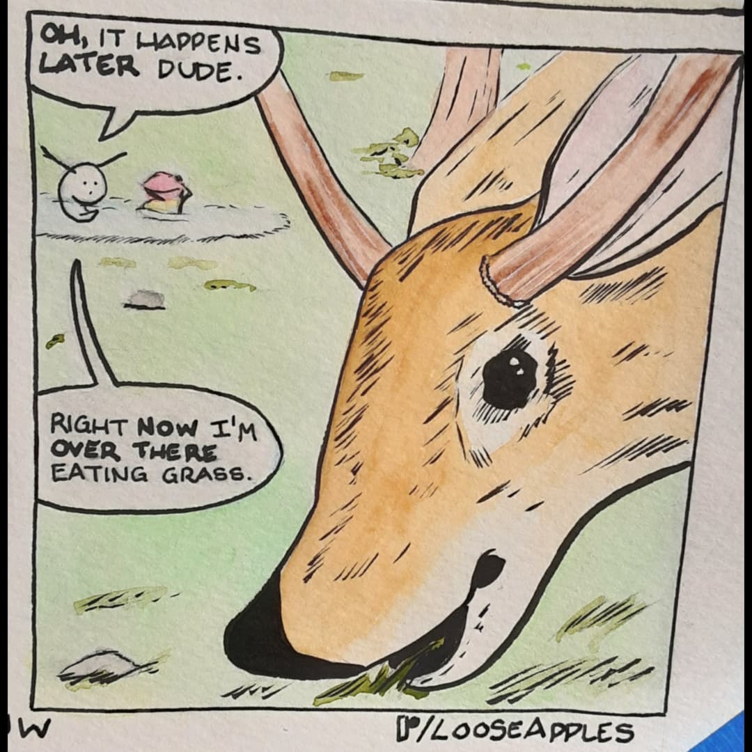 Loose_Apples's tweet photo. Finally, the origin story of Oscar the Ghost is revealed! Or maybe he's confused. Is he high all the time?  Hard to say!
.
#ghost #casperthefriendlyghost #comic #webcomics #deer #poisondartfrog #forestfire #comicsofinstagram #artistsoninstagram https://t.co/InESoQvav9