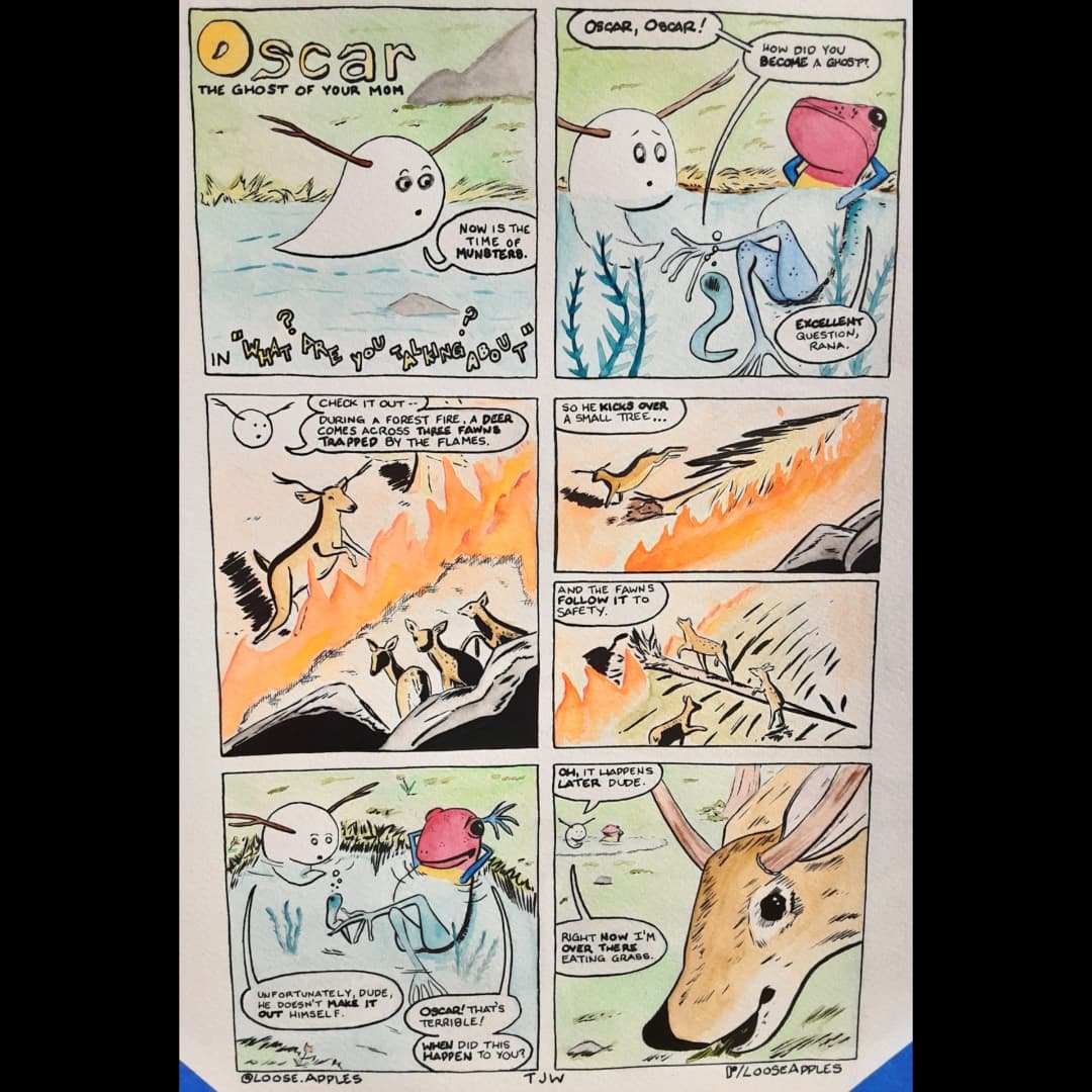 Loose_Apples's tweet photo. Finally, the origin story of Oscar the Ghost is revealed! Or maybe he's confused. Is he high all the time?  Hard to say!
.
#ghost #casperthefriendlyghost #comic #webcomics #deer #poisondartfrog #forestfire #comicsofinstagram #artistsoninstagram https://t.co/InESoQvav9