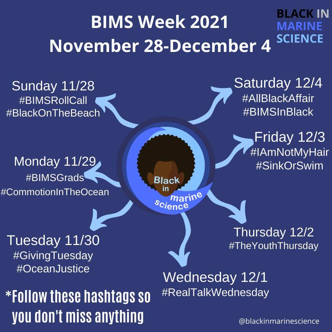 Black In Marine Science Week #BIMSWeek  is starting next week (Nov 28 - Dec 4) All events are free and will be streamed to the #BIMTV YouTube channel
#BIMSWeek  #BlackInMarineScience #BIMSRollCall #BlackOnTheBeach #BIMSGrads #CommotionInTheOcean #GivingTuesday #OceanJustice