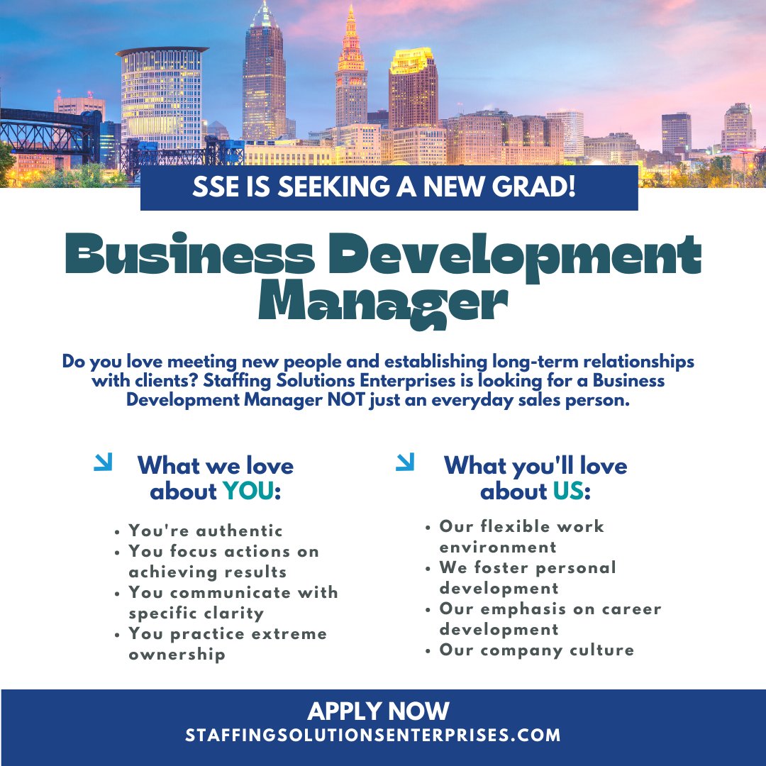 StaffSolEnt's tweet image. Did you hear?! We are hiring a Business Development Manager at SSE!! 🎉

This is a great opportunity for recent grads who are looking for a flexible work environment and fun company culture! 

Interested? Learn more here: ow.ly/XrNU50GVwJ0